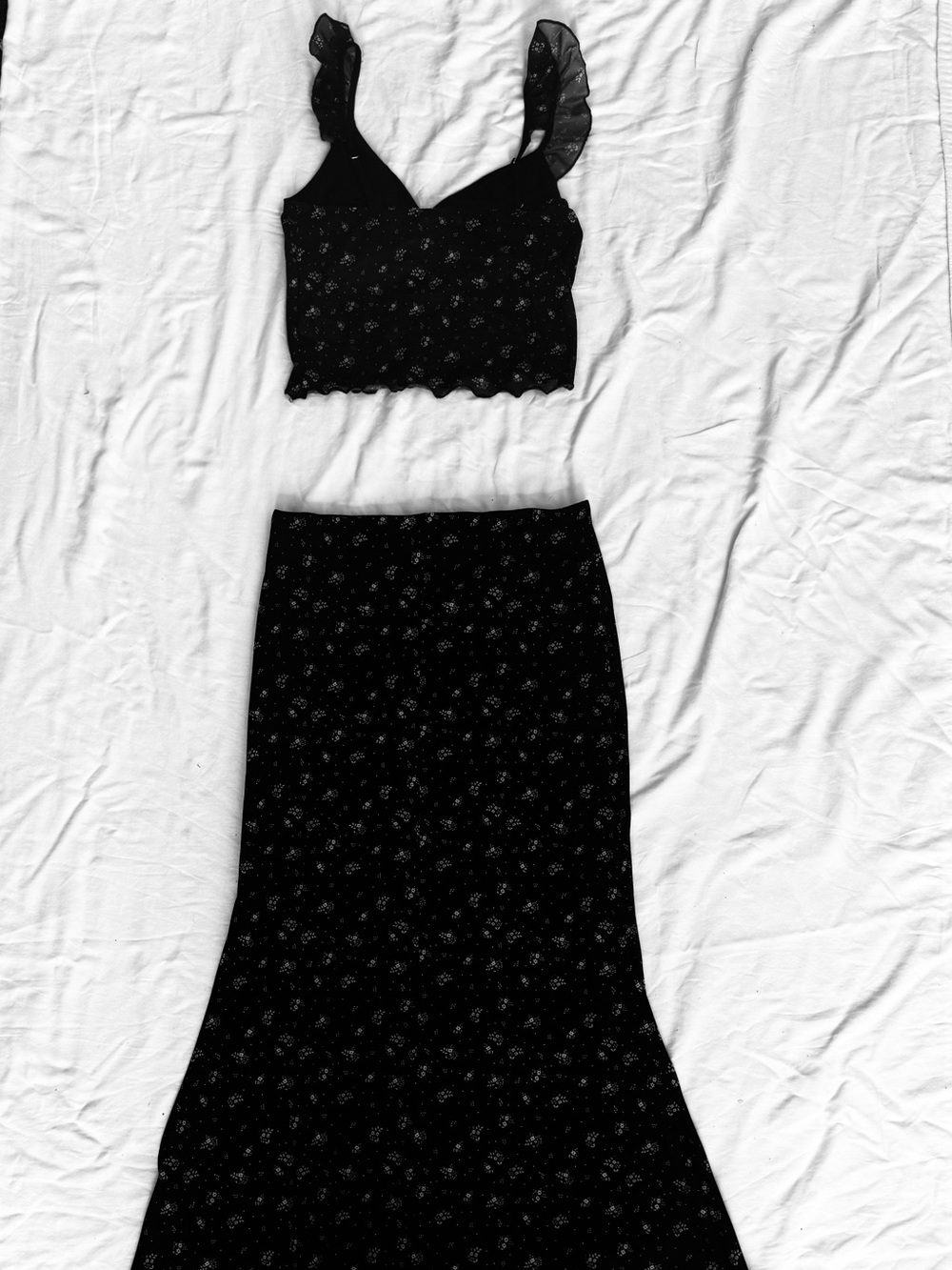 Black Floral Two-Piece Dress Set - Crop Top & Skirt